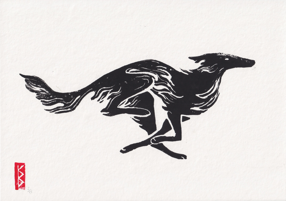 Silken Windhound (2026) - A4 Linocut, Limited Edition of 15