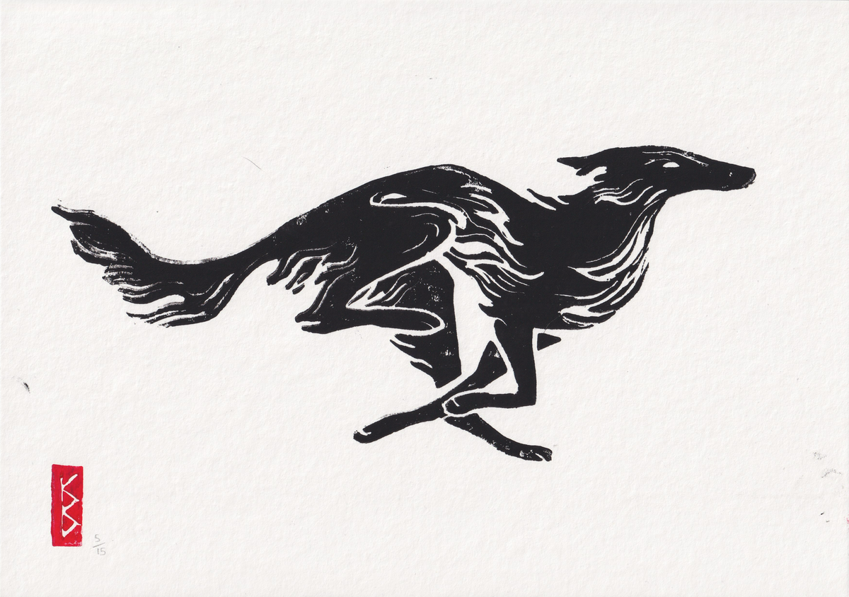 Silken Windhound (2026) - A4 Linocut, Limited Edition of 15
