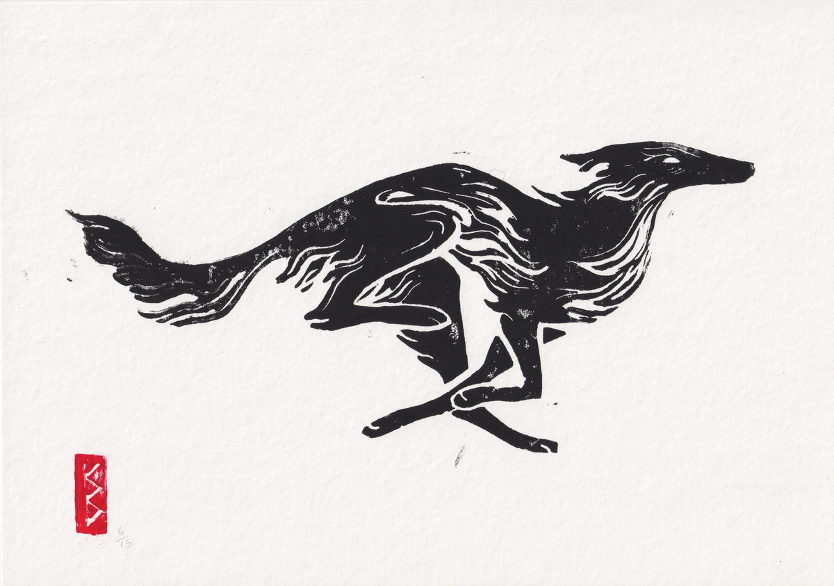 Silken Windhound (2026) - A4 Linocut, Limited Edition of 15